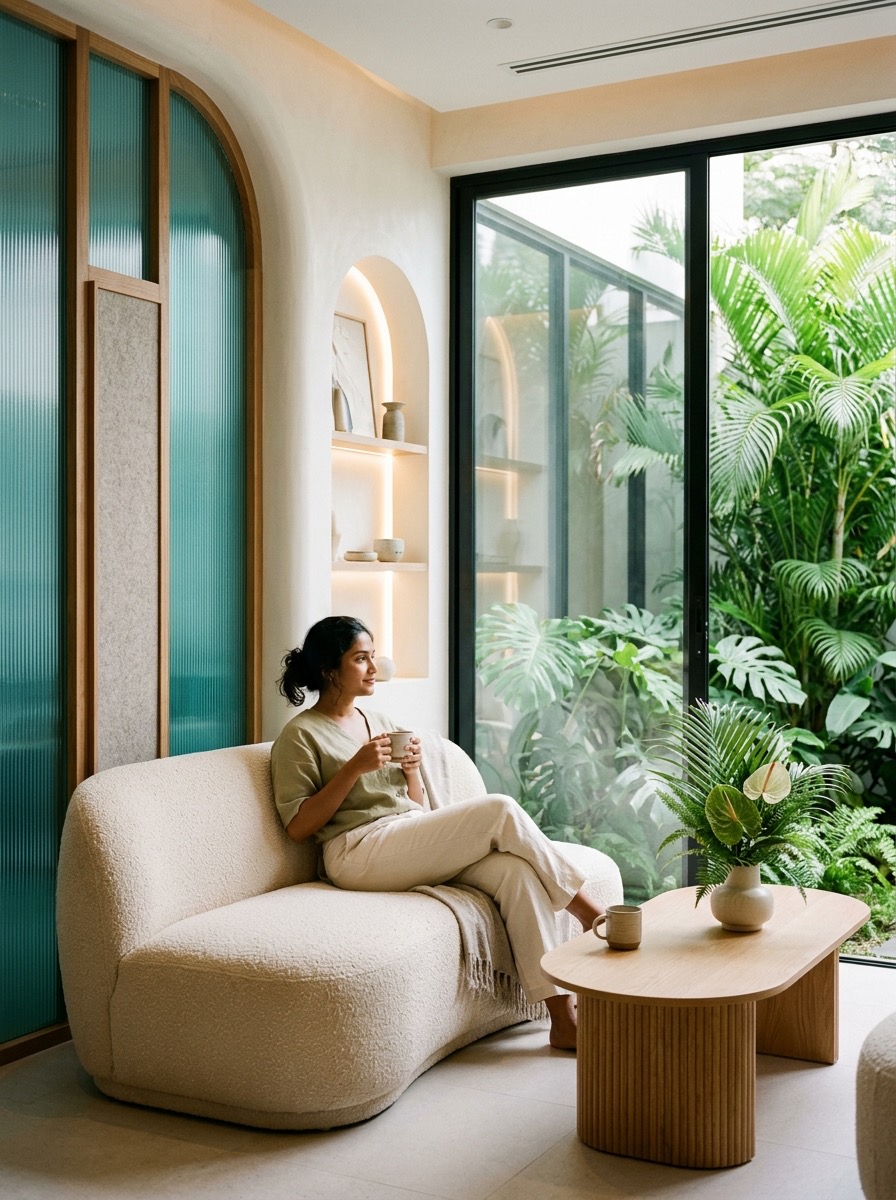 A patient relaxing with a warm drink in the sunlit Dental Arc lounge